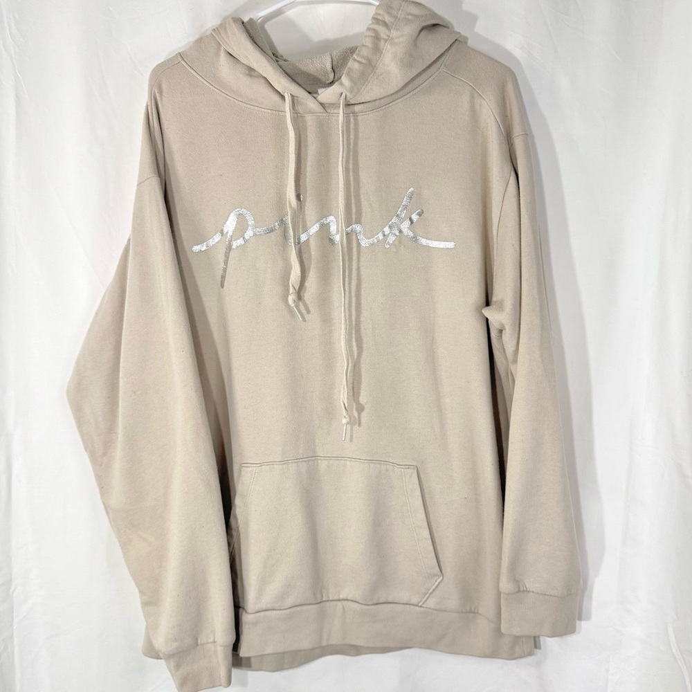 Pink Victorias Secret Womans Beige Colored Oversized Hoodie with Silver Logo — L